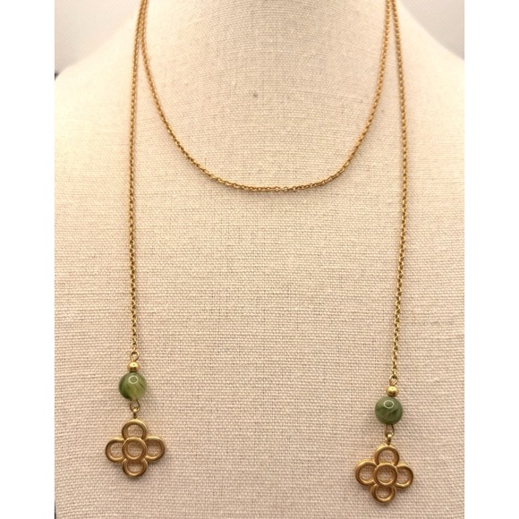 Vintage 1979 Avon Florette Lariat Necklace Gold Tone & Faux Jade Stone Beads 34" - Picture 2 of 5